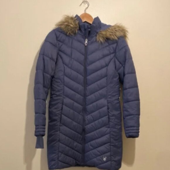 SPYDER Women's Blue Quilted Jacket with Faux Fur Trim. Size S - Picture 1 of 8